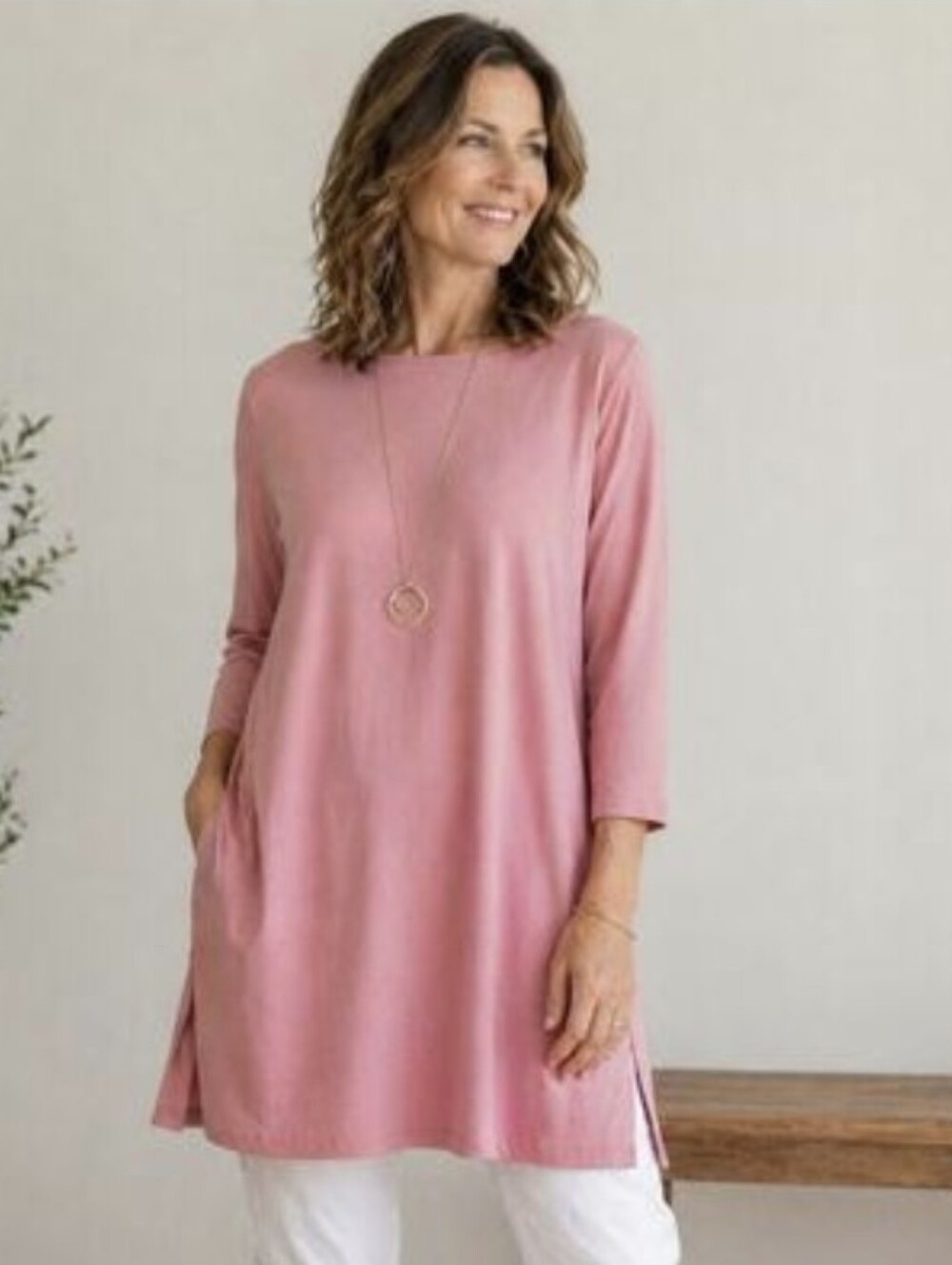 nwt Eileen Fisher 3/4 sleeve Tencel Tunic M Dusty Mauve Pullover Boatneck Top